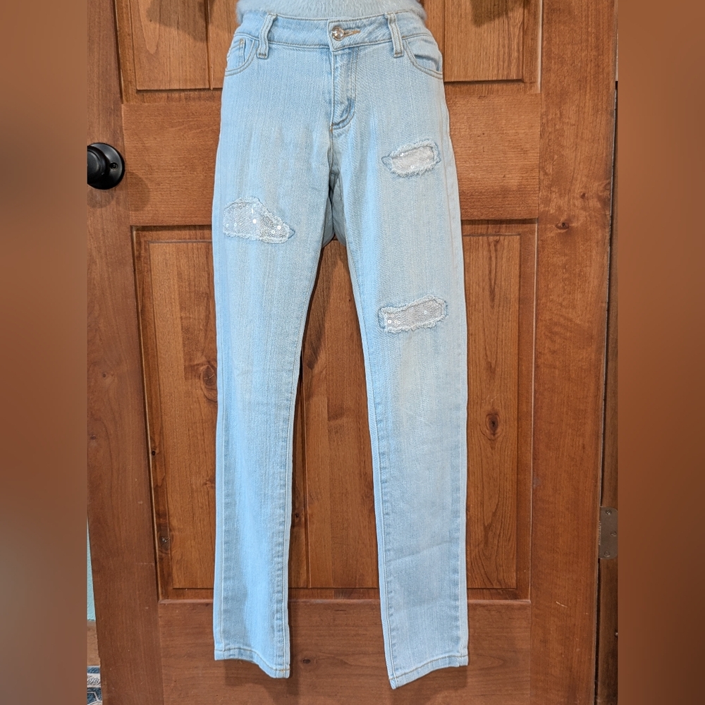 Sequin Selena Gomez Light Blue Distressed Women's Jeans‎